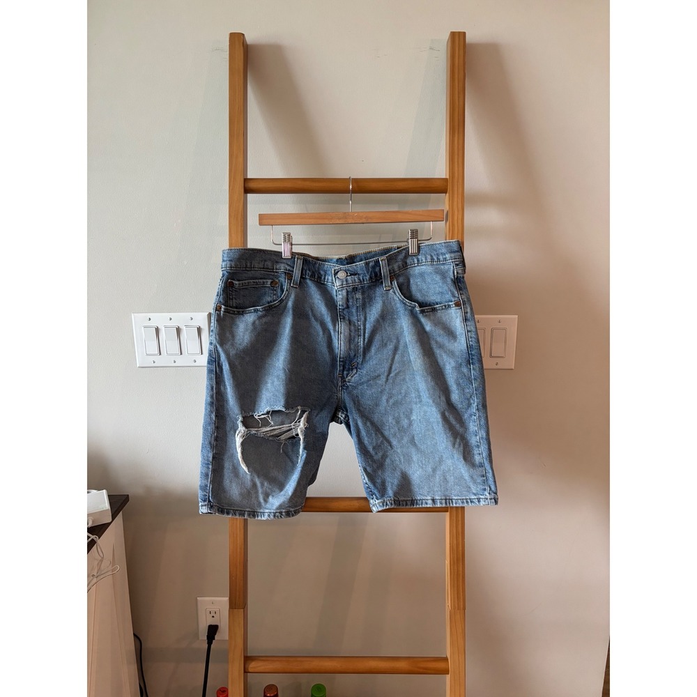Levis 412 Slim Fit Denim Shorts Mens 38 Blue Distressed Light Wash 00412-0046